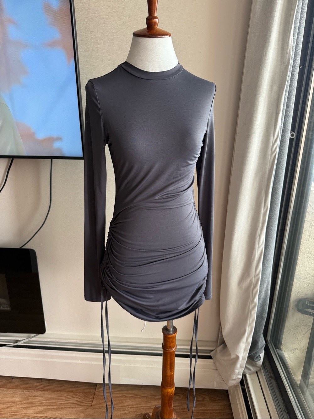Long Sleeve Ruched Mini Dress - Charcoal Gray